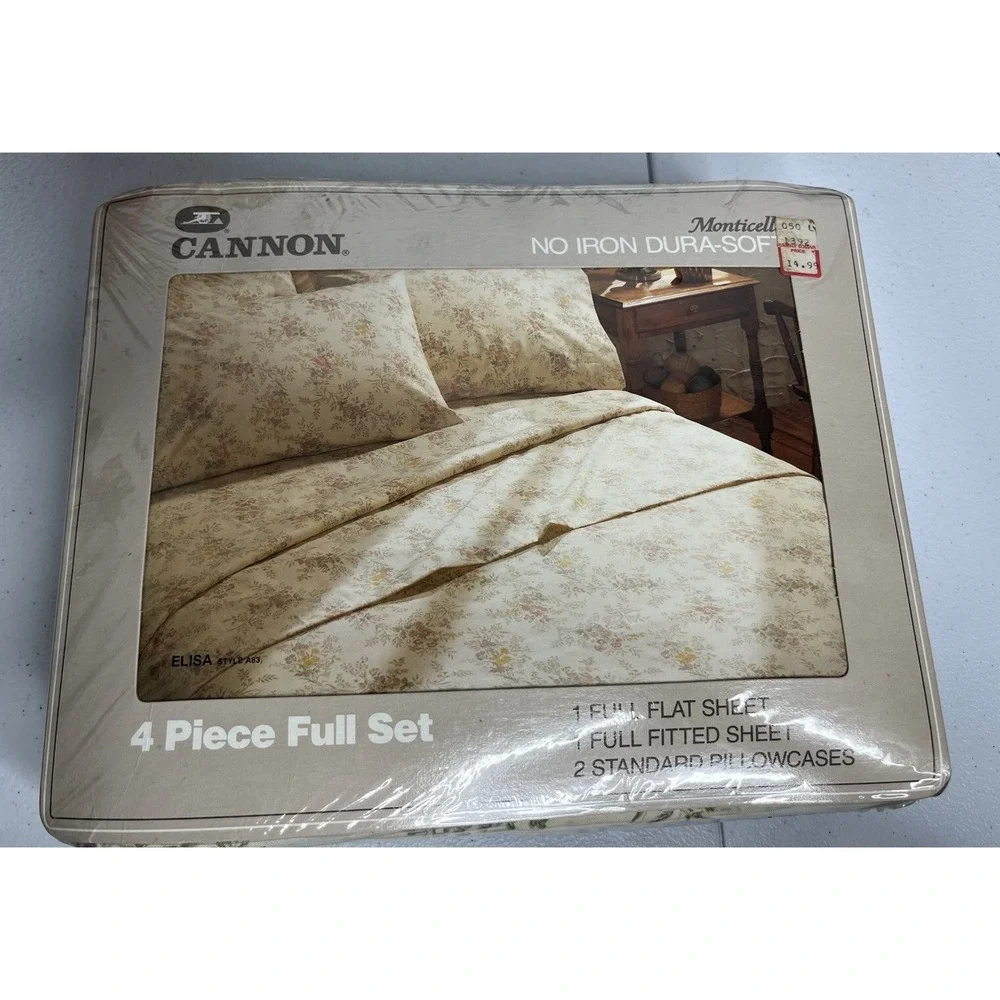 Vtg Cannon Monticello Elisa 4 Pc Full Sheet Set Flowers Flat Fitted‎ Pillowcase